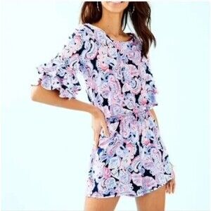 Lilly Pulitzer Lula High Tide Navy Romper Women XXS It's For Shore Ruffle Sleeve